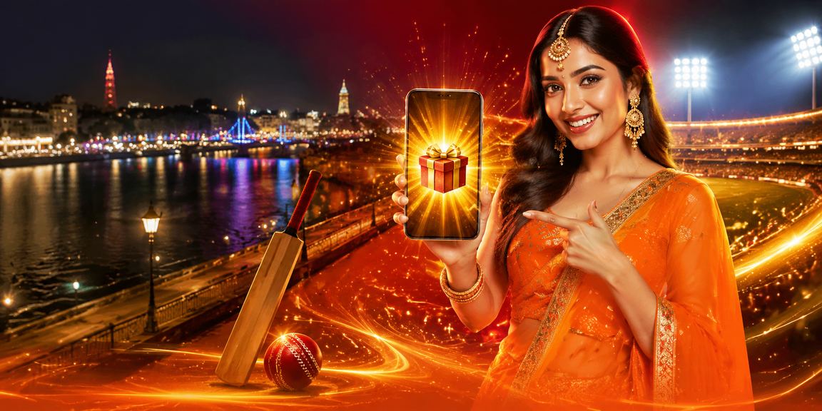 Ahmedabad riverfront with cricket betting red gold theme