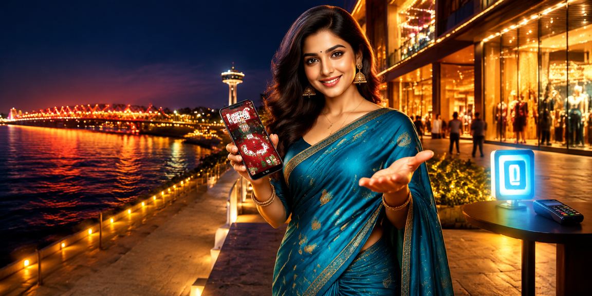 Woman playing rummy on mobile at Ahmedabad riverfront