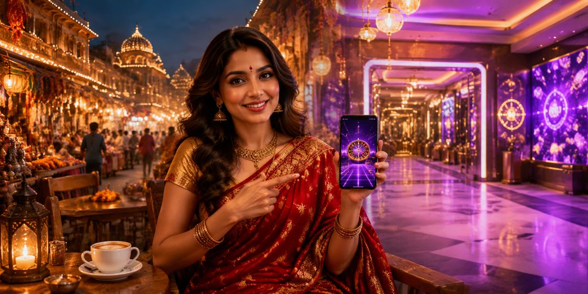Indian woman using casino app on mobile with saree